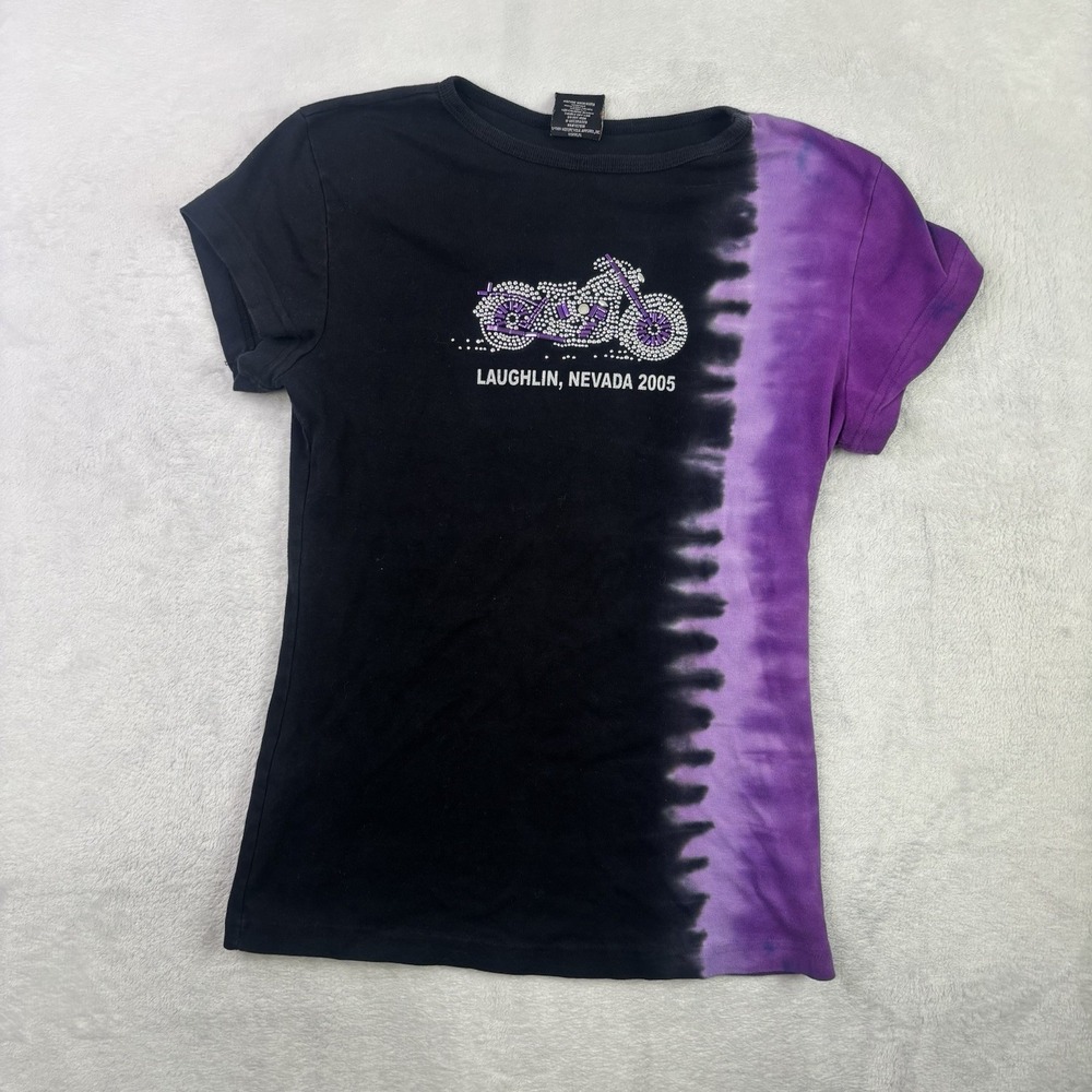 Y2K Laughlin Nevada 2005 Black Purple Tie-Dye Bedazzled Shirt Women's 2XL